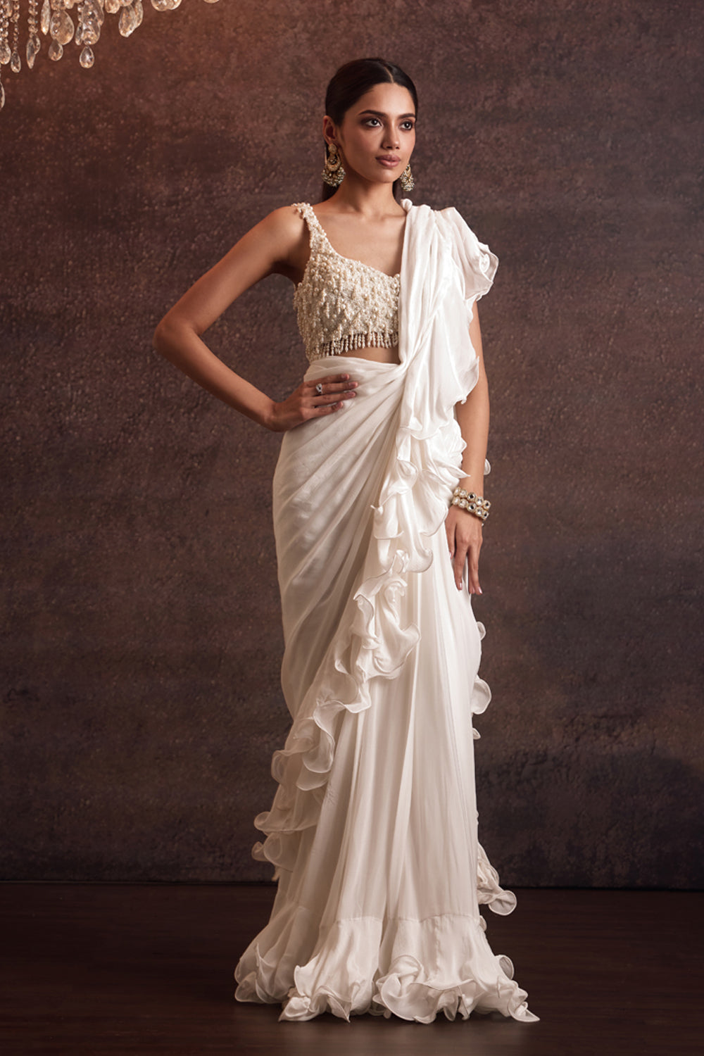 Umika Ivory Pearl Blouse With Ruffle Saree – House Of Exotique