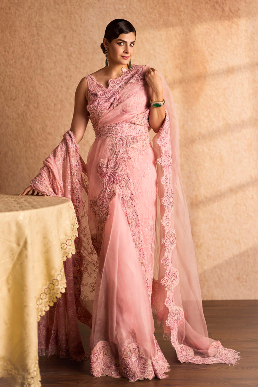 Riona Baby Pink Tie & Dye Embellished Blouse & Saree – House Of Exotique