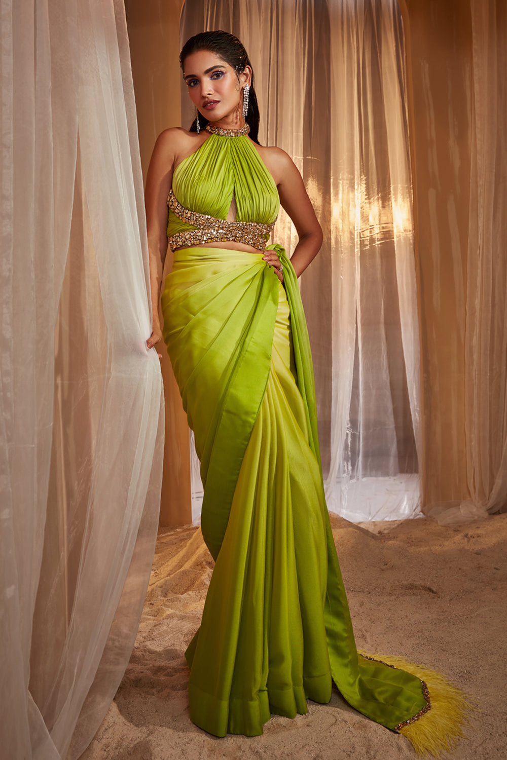 Green hot sale saree gown