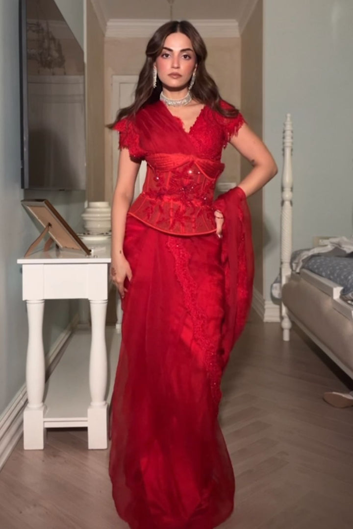 Mehak Bakshi In Our Rory Red Embellished Saree and Corset Belt