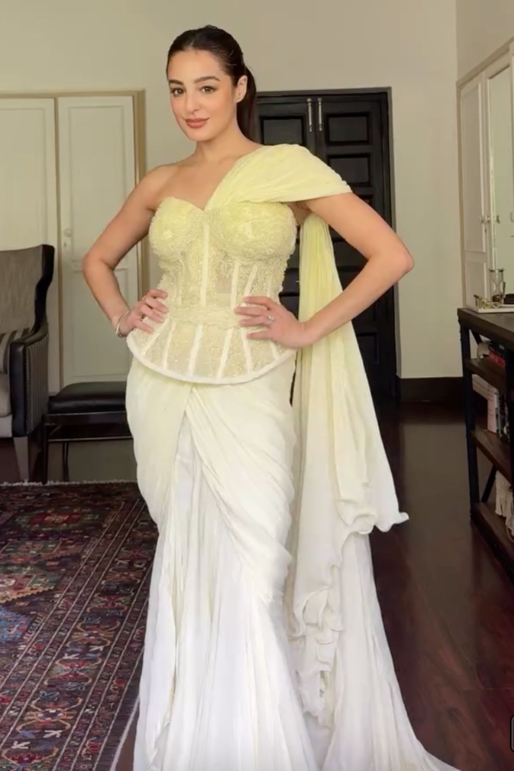 Tarini Manchanda In Our Sheena Mint Green Peplum Corset Blouse With Ruffle Saree