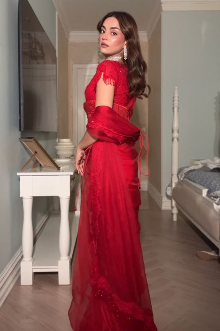 Mehak Bakshi In Our Rory Red Embellished Saree and Corset Belt
