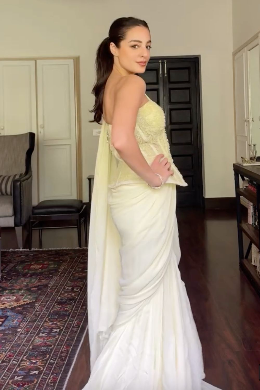 Tarini Manchanda In Our Sheena Mint Green Peplum Corset Blouse With Ruffle Saree