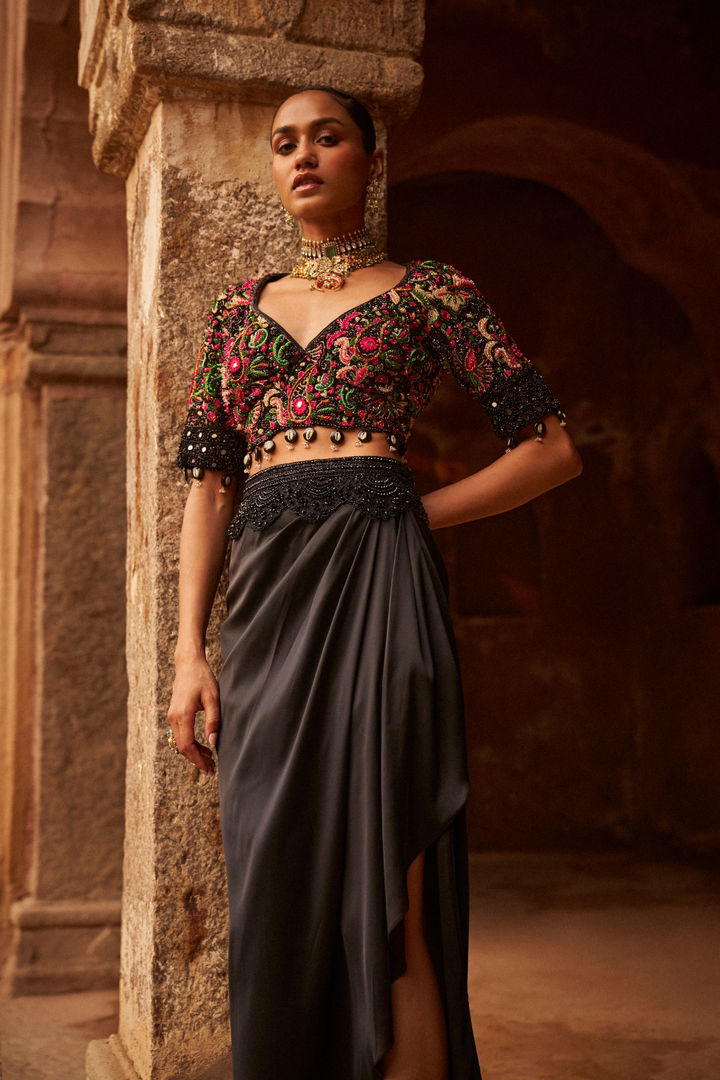 Multicolored Embroidered Blouse With Dusk Drape Skirt Set