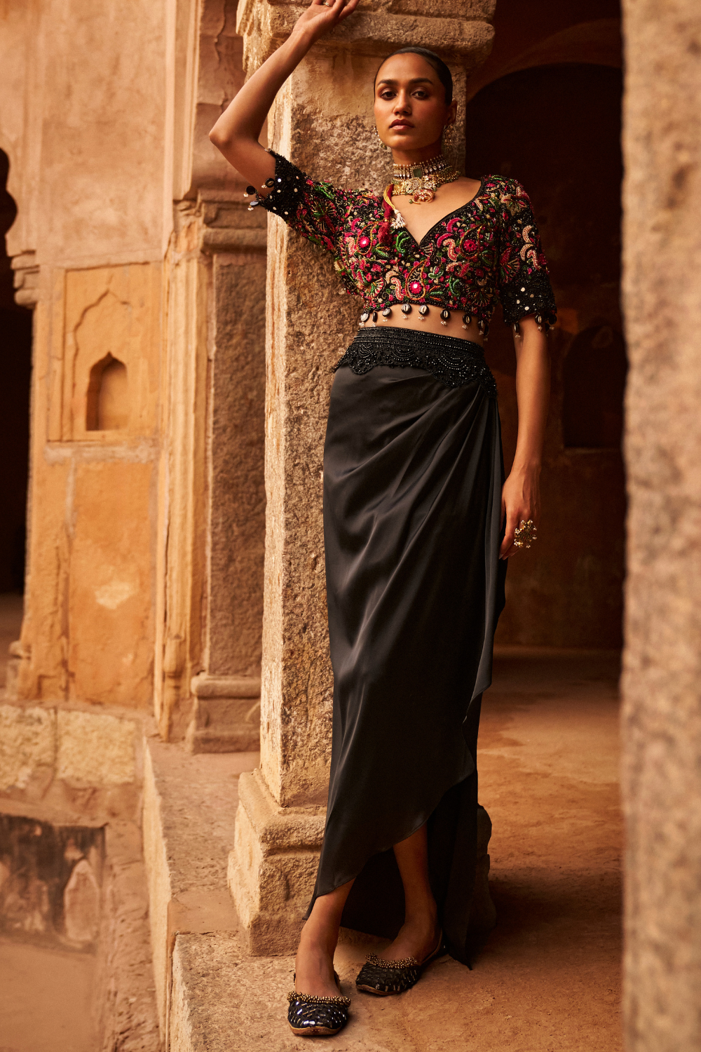 Multicolored Embroidered Blouse With Dusk Drape Skirt Set