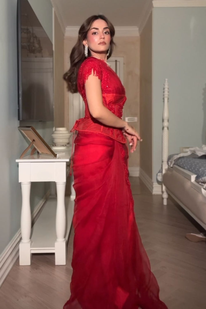 Mehak Bakshi In Our Rory Red Embellished Saree and Corset Belt