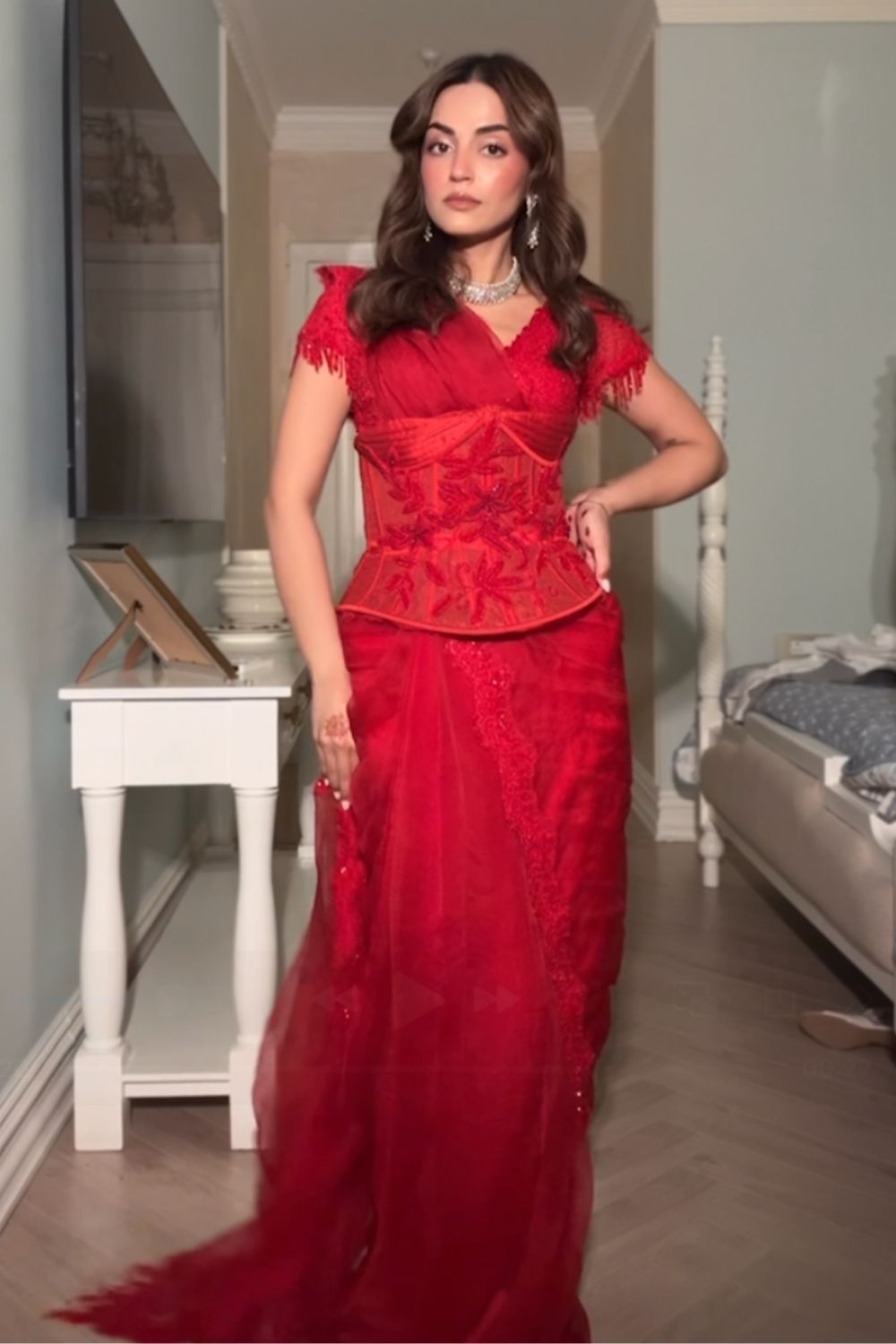 Mehak Bakshi In Our Rory Red Embellished Saree and Corset Belt