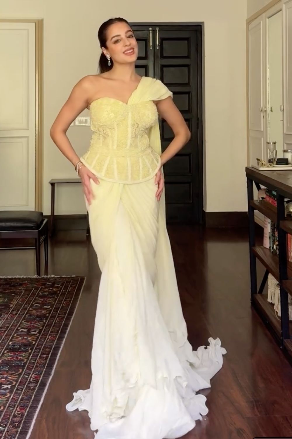 Tarini Manchanda In Our Sheena Mint Green Peplum Corset Blouse With Ruffle Saree