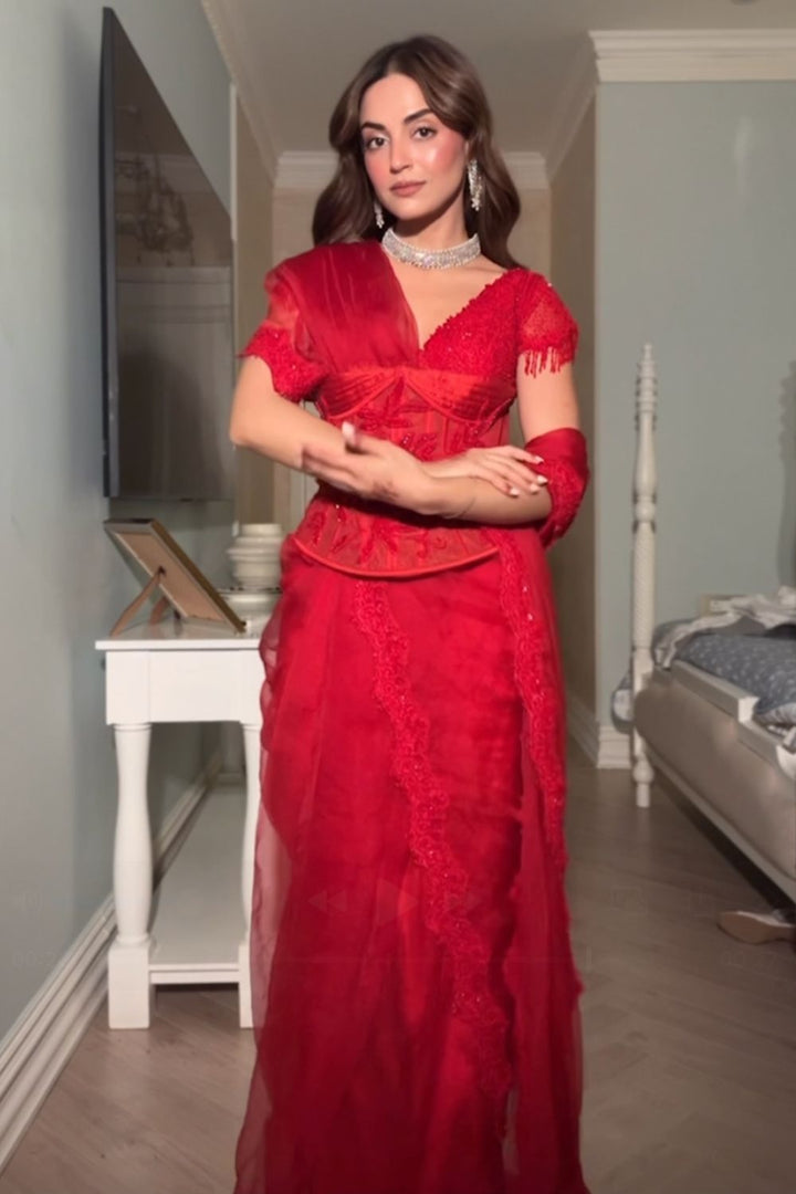 Mehak Bakshi In Our Rory Red Embellished Saree and Corset Belt