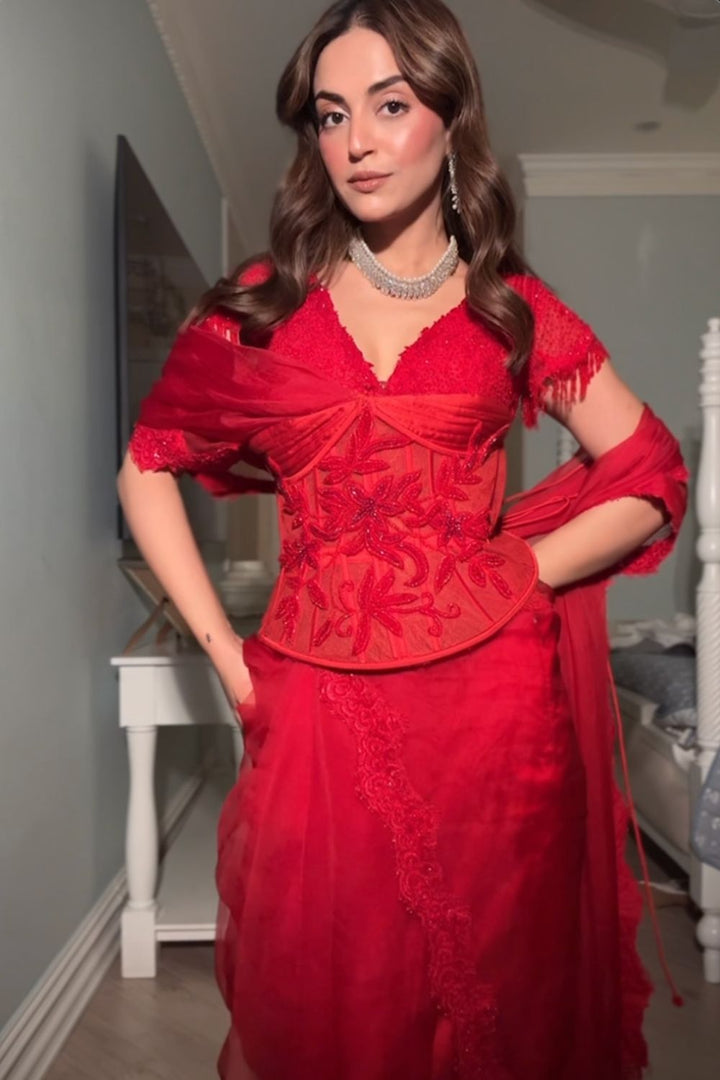 Mehak Bakshi In Our Rory Red Embellished Saree and Corset Belt