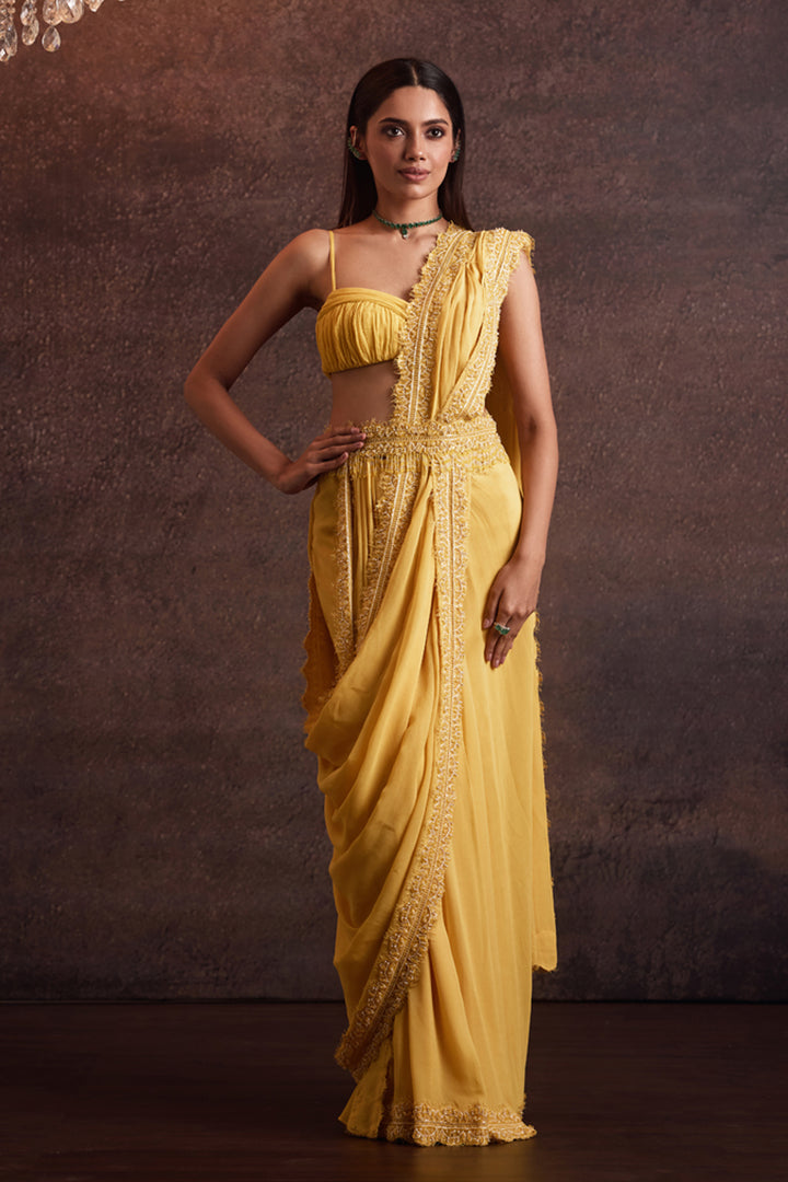 Dhara Yellow Blouse With Pre Draped Saree Set