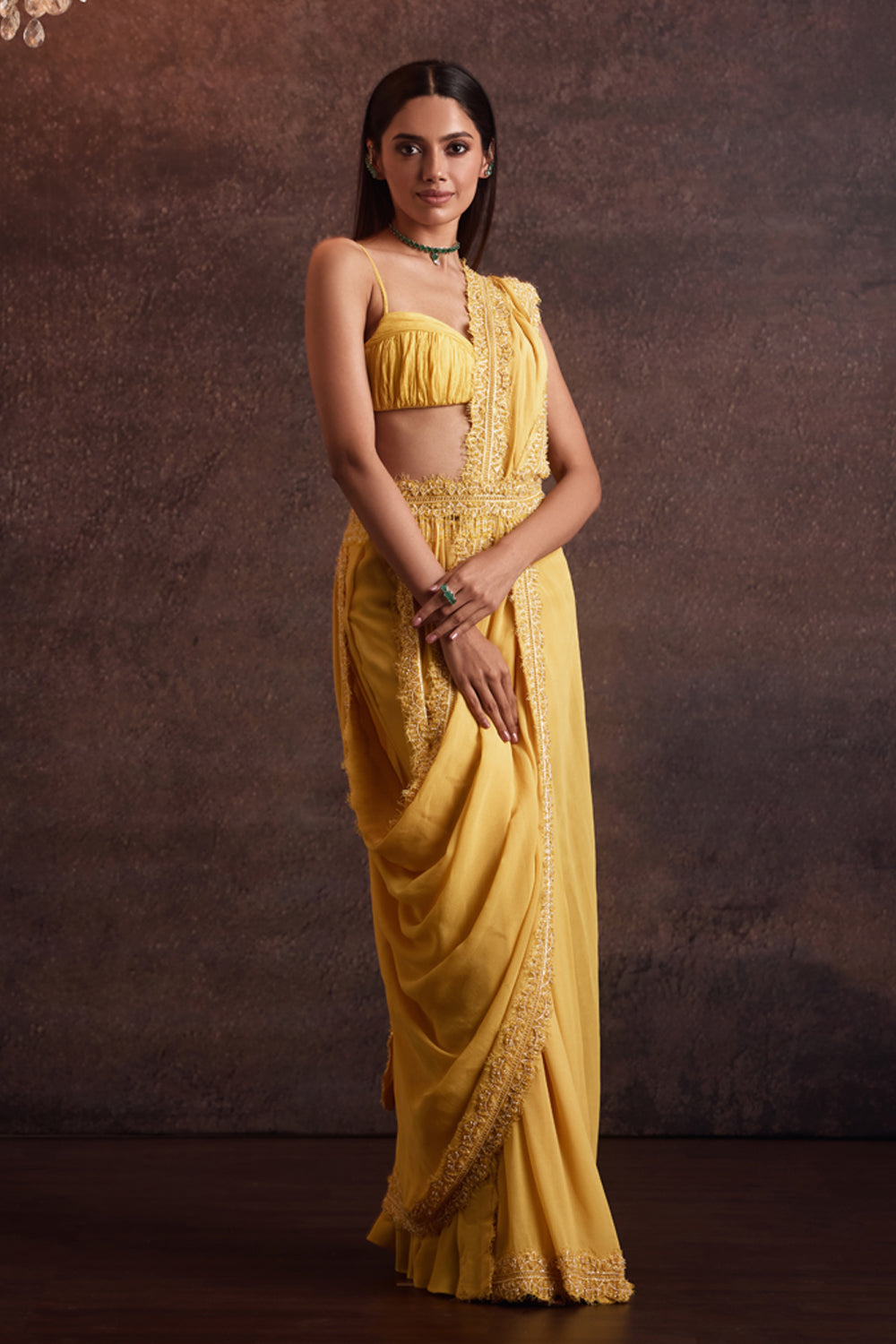 Dhara Yellow Blouse With Pre Draped Saree Set