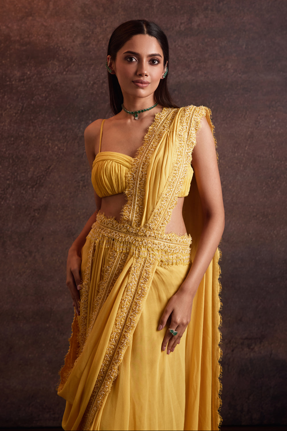 Dhara Yellow Blouse With Pre Draped Saree Set