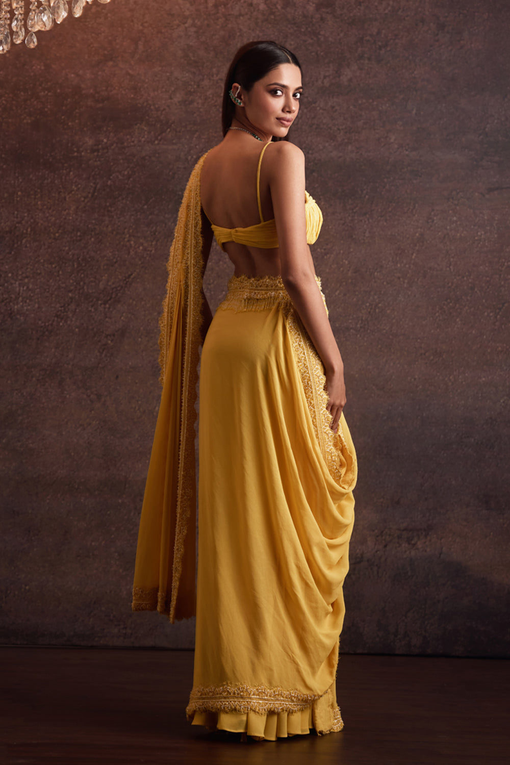 Dhara Yellow Blouse With Pre Draped Saree Set