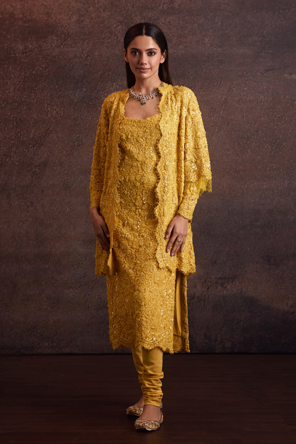 Zahavi Yellow Kurta With Mid Thigh Jacket Set