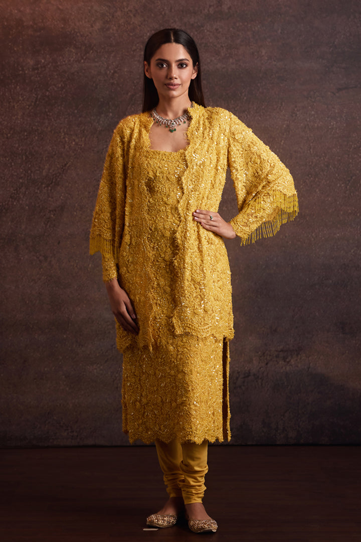 Zahavi Yellow Kurta With Mid Thigh Jacket Set