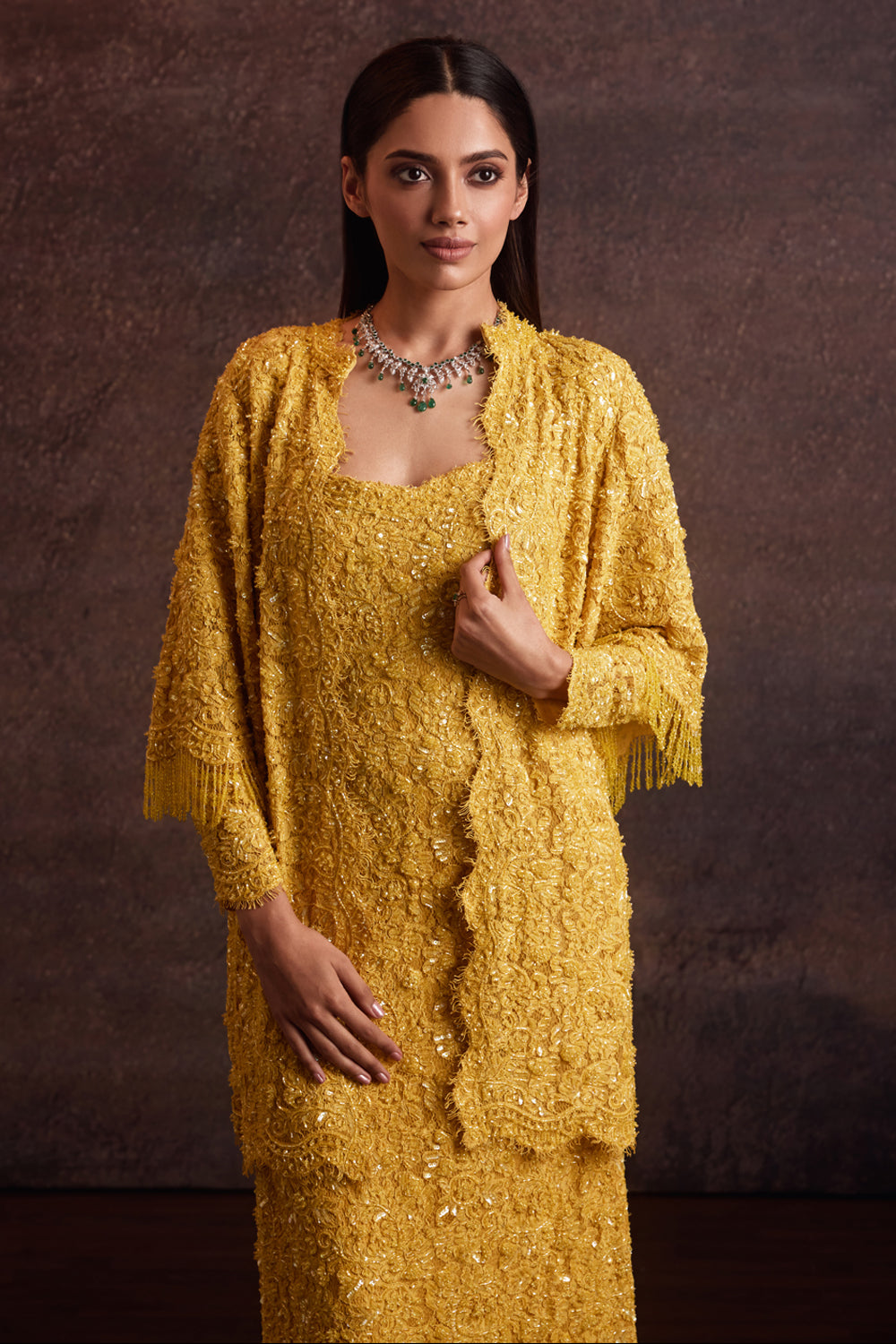 Zahavi Yellow Kurta With Mid Thigh Jacket Set