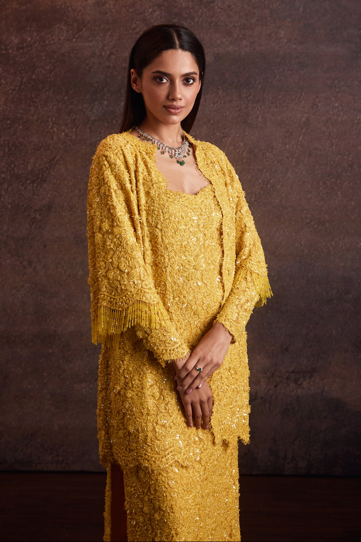 Zahavi Yellow Kurta With Mid Thigh Jacket Set