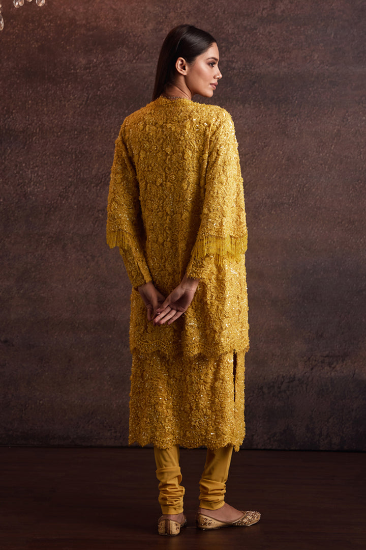 Zahavi Yellow Kurta With Mid Thigh Jacket Set