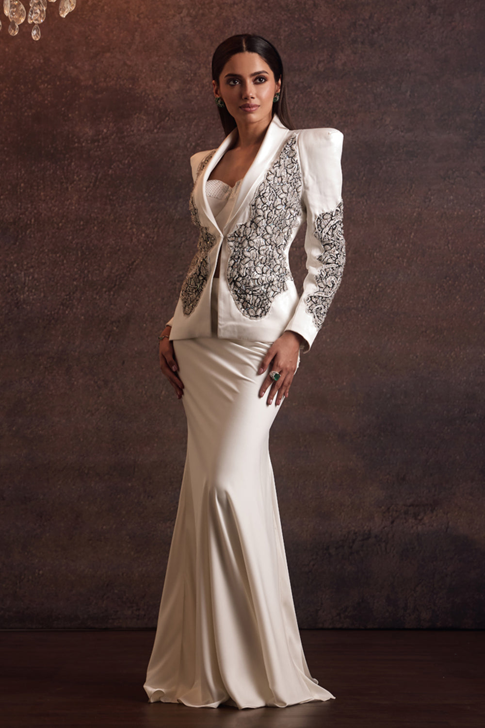 Suhair White Cutout Blazer With Bustier and Fishcut Skirt