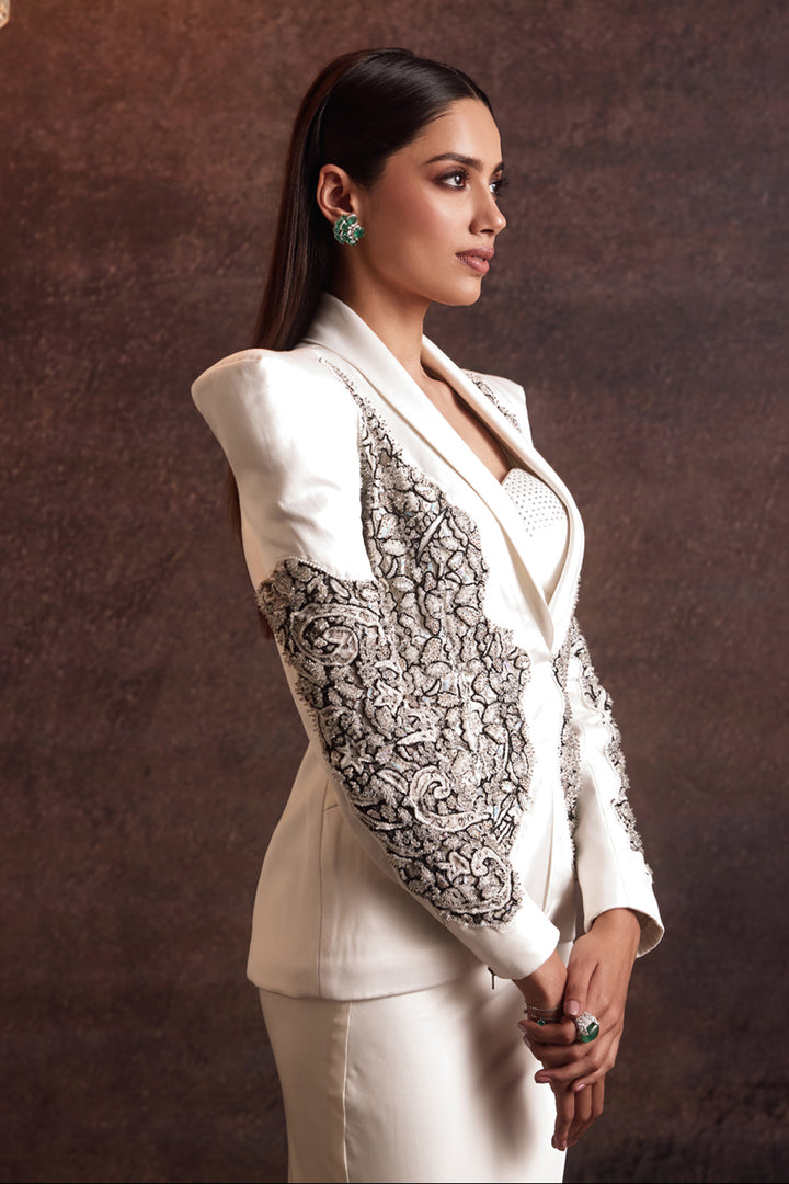 Suhair White Cutout Blazer With Bustier and Fishcut Skirt