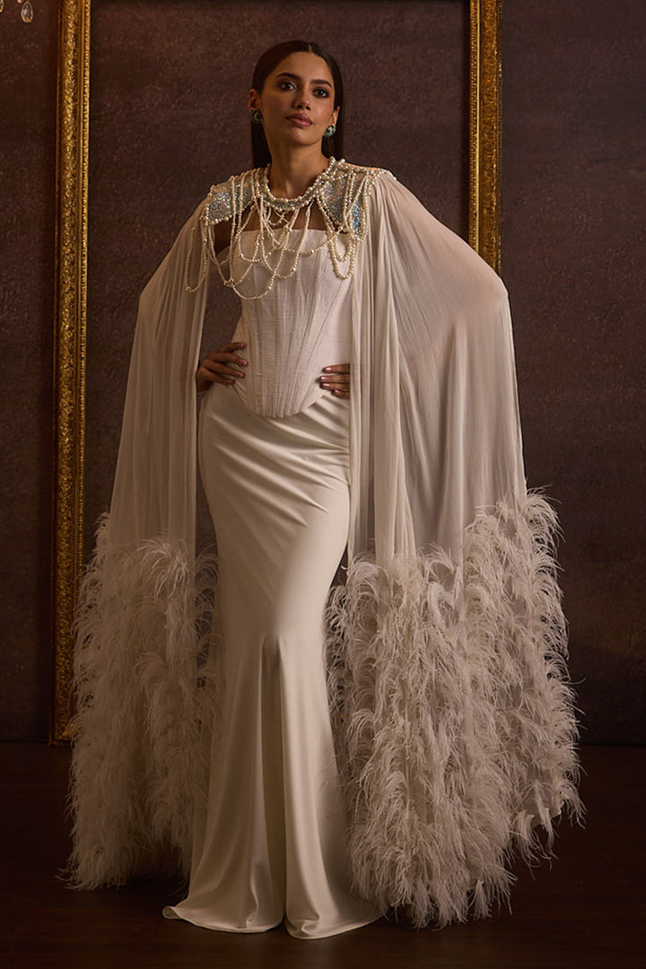 Tanish White Feathered Cape & Bias Fishcut Skirt