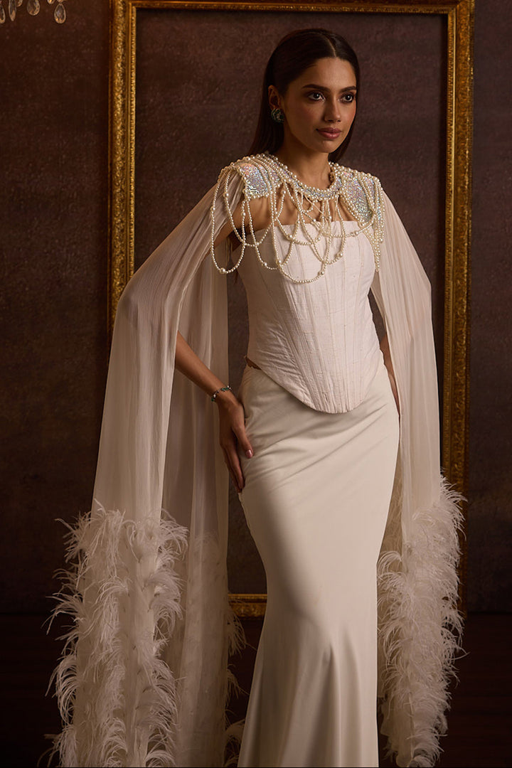 Tanish White Feathered Cape & Bias Fishcut Skirt