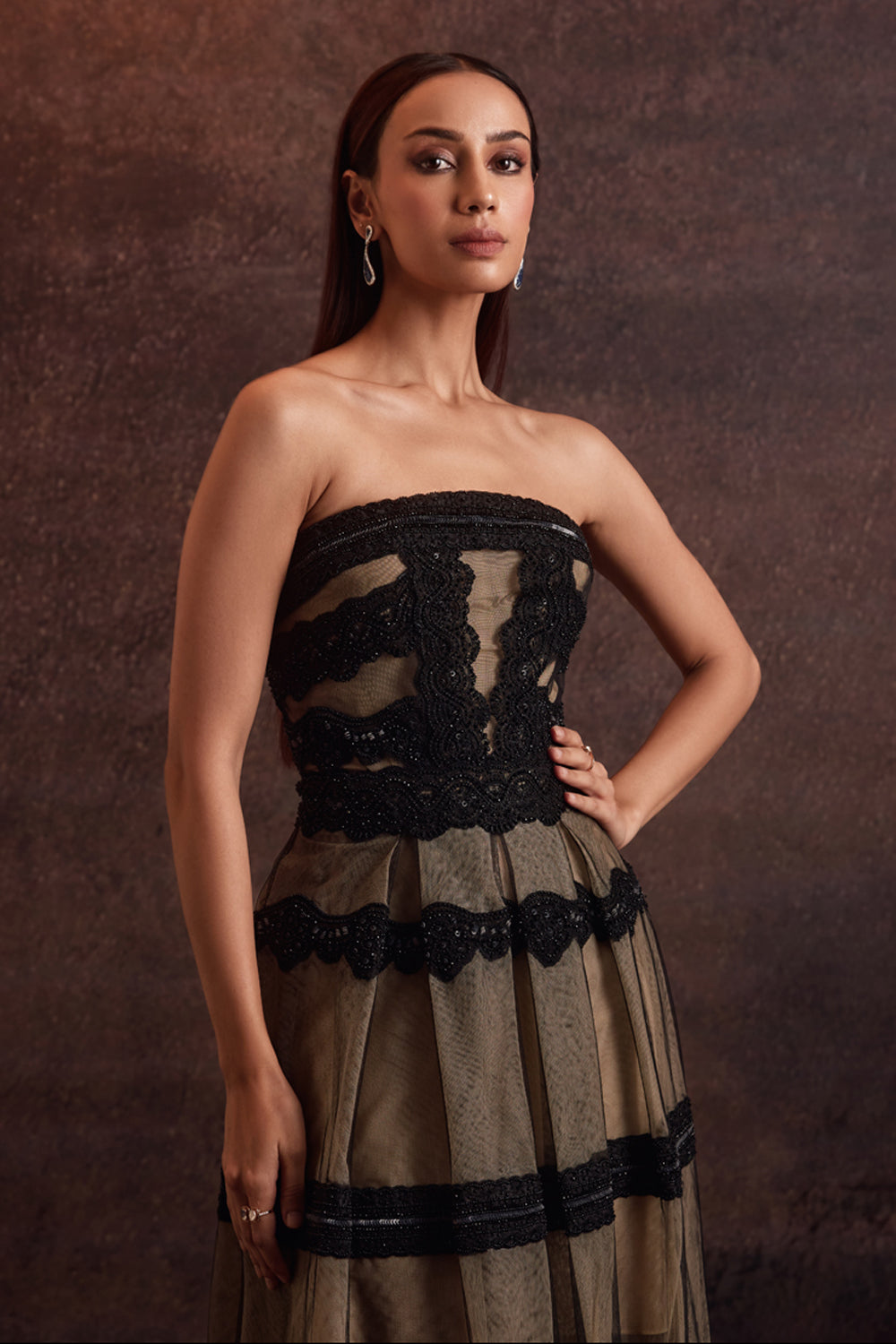 Girisha Black Beige Box Pleat Off Shoulder Gown