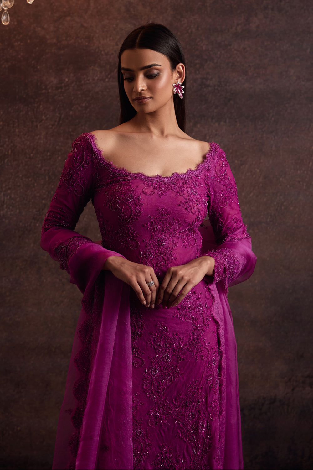 Caksani Magenta Pink Embellished Straight Fit Kurta Set