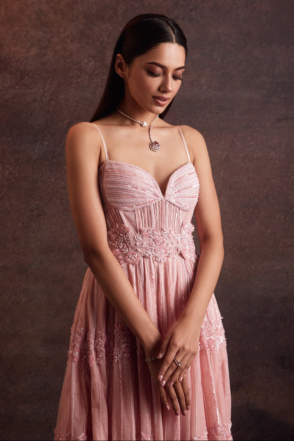 Saha Pink Embellished Calf Length Dress