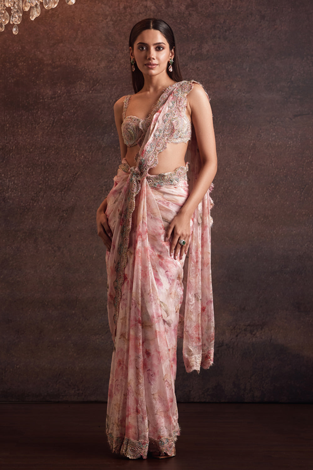 lasya Baby Pink Embellished Blouse With Pre-Stitched Saree