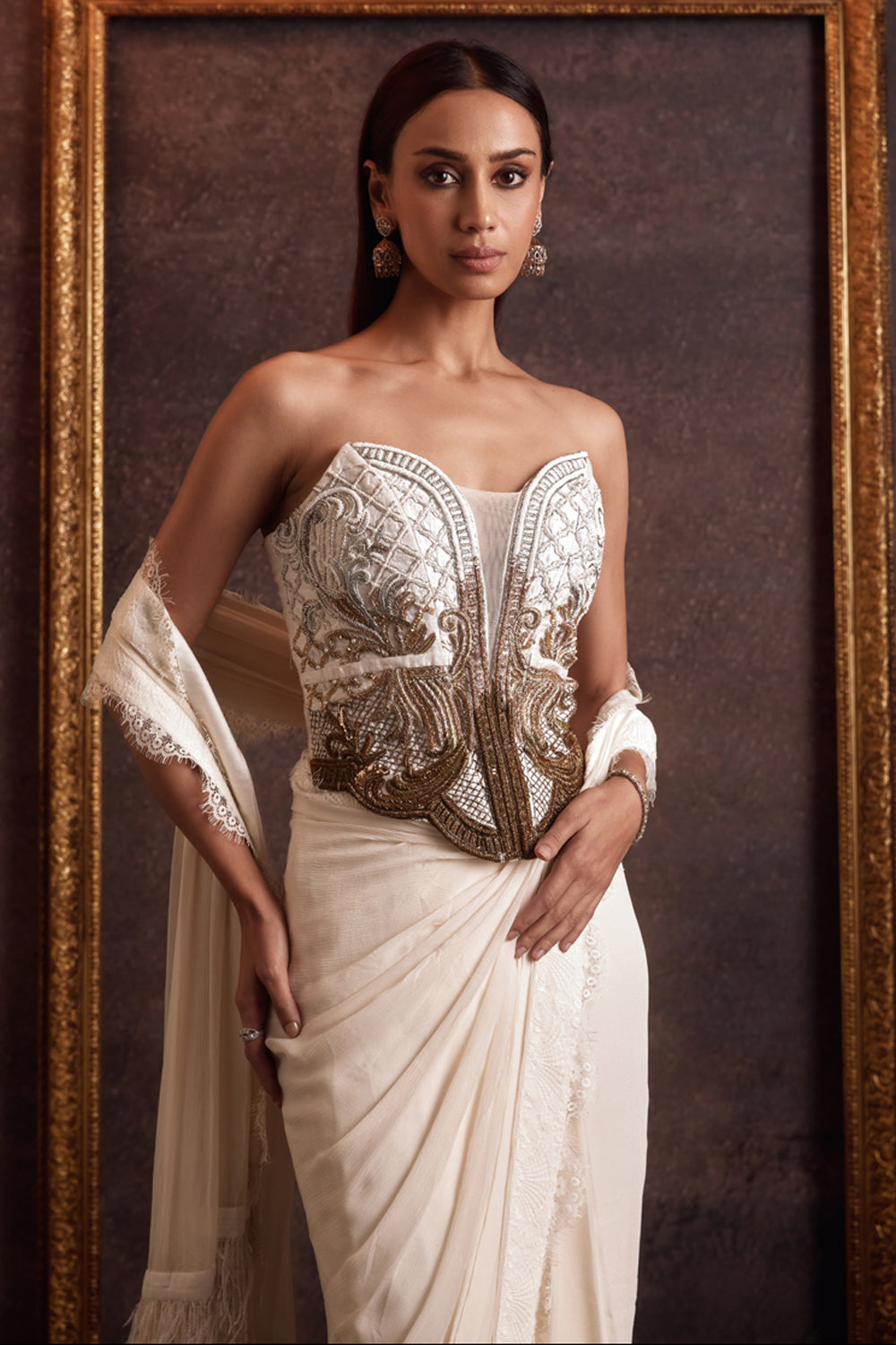Kamya Ivory Gold Ombre Corset Blouse With Pre-Stitched Saree House Of Exotique Kamya Ivory Gold Ombre Corset Blouse With Pre-Stitched Saree House Of Exotique