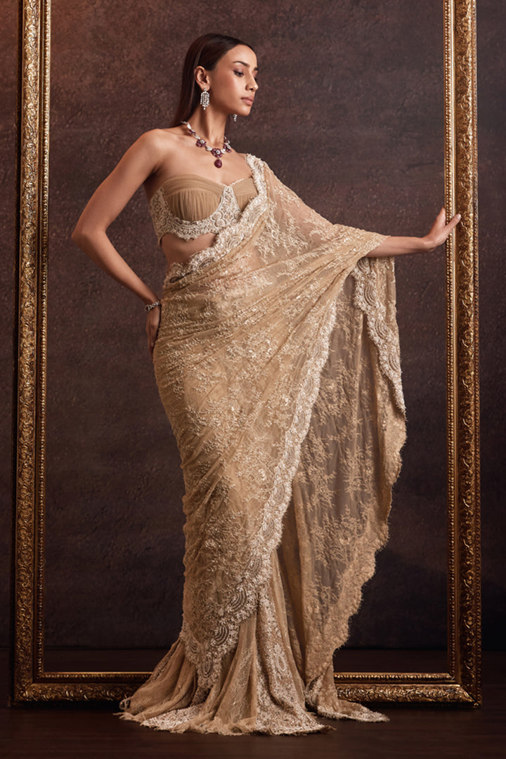 Vyom Beige Bustier Drape Blouse With Embellished Pre-Draped Lehenga Saree