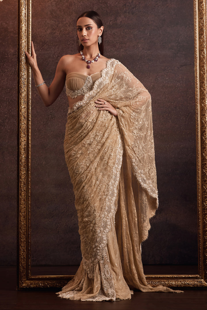 Vyom Beige Bustier Drape Blouse With Embellished Pre-Draped Lehenga Saree