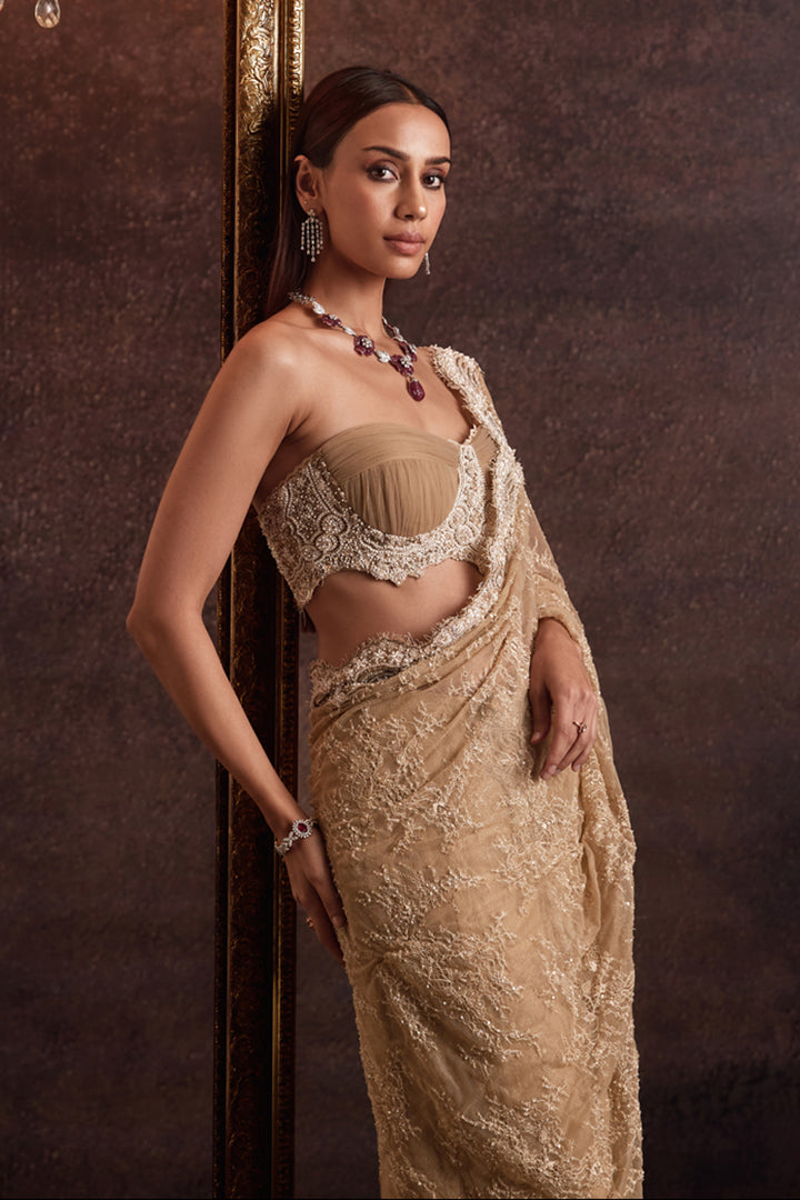 Vyom Beige Bustier Drape Blouse With Embellished Pre-Draped Lehenga Saree