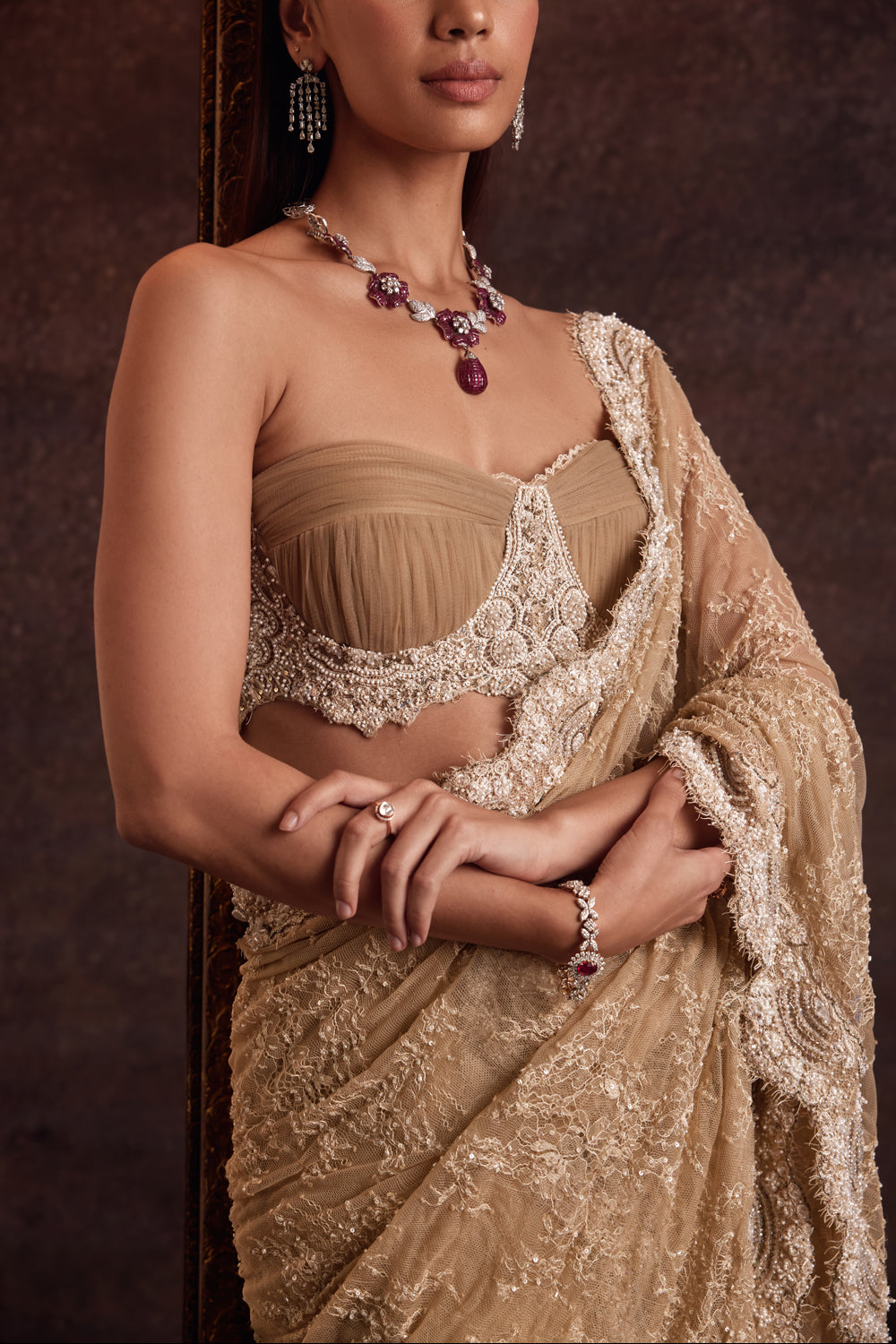 Vyom Beige Bustier Drape Blouse With Embellished Pre-Draped Lehenga Saree