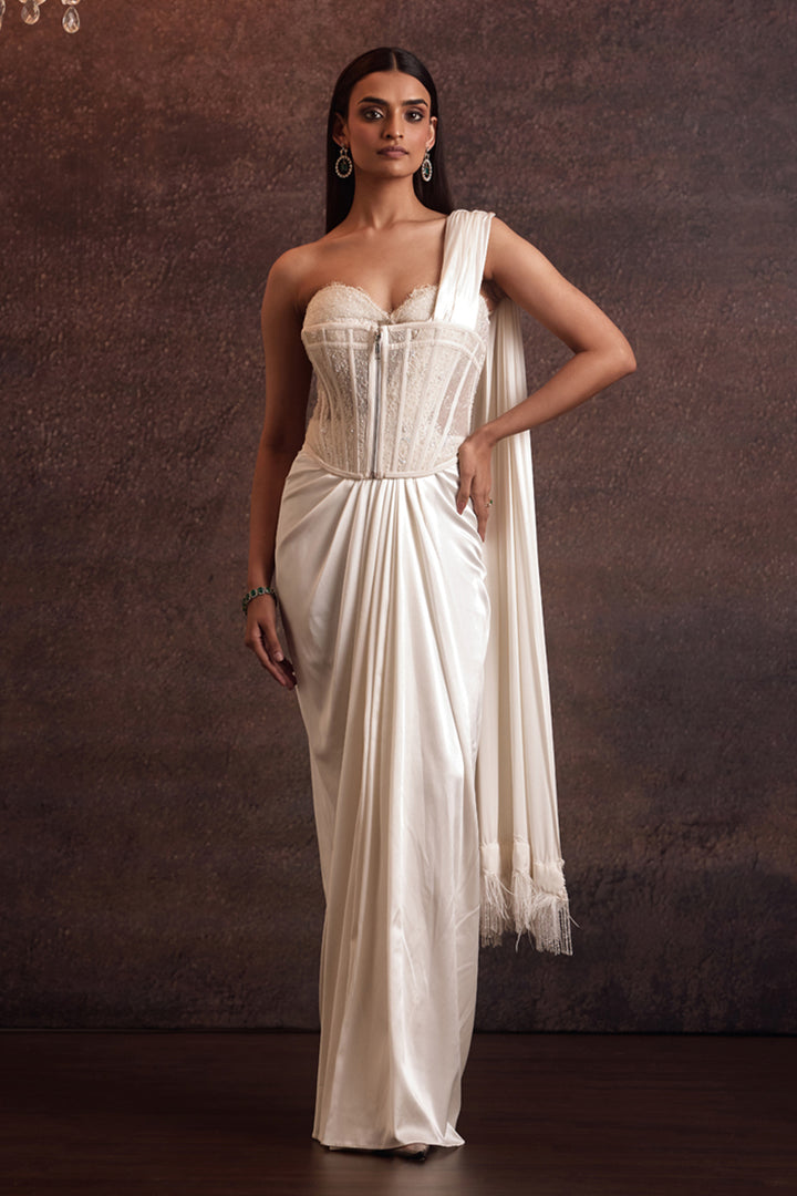 Sohvi Ivory Bustier Blouse With Corset Belt and Drape Slit Saree