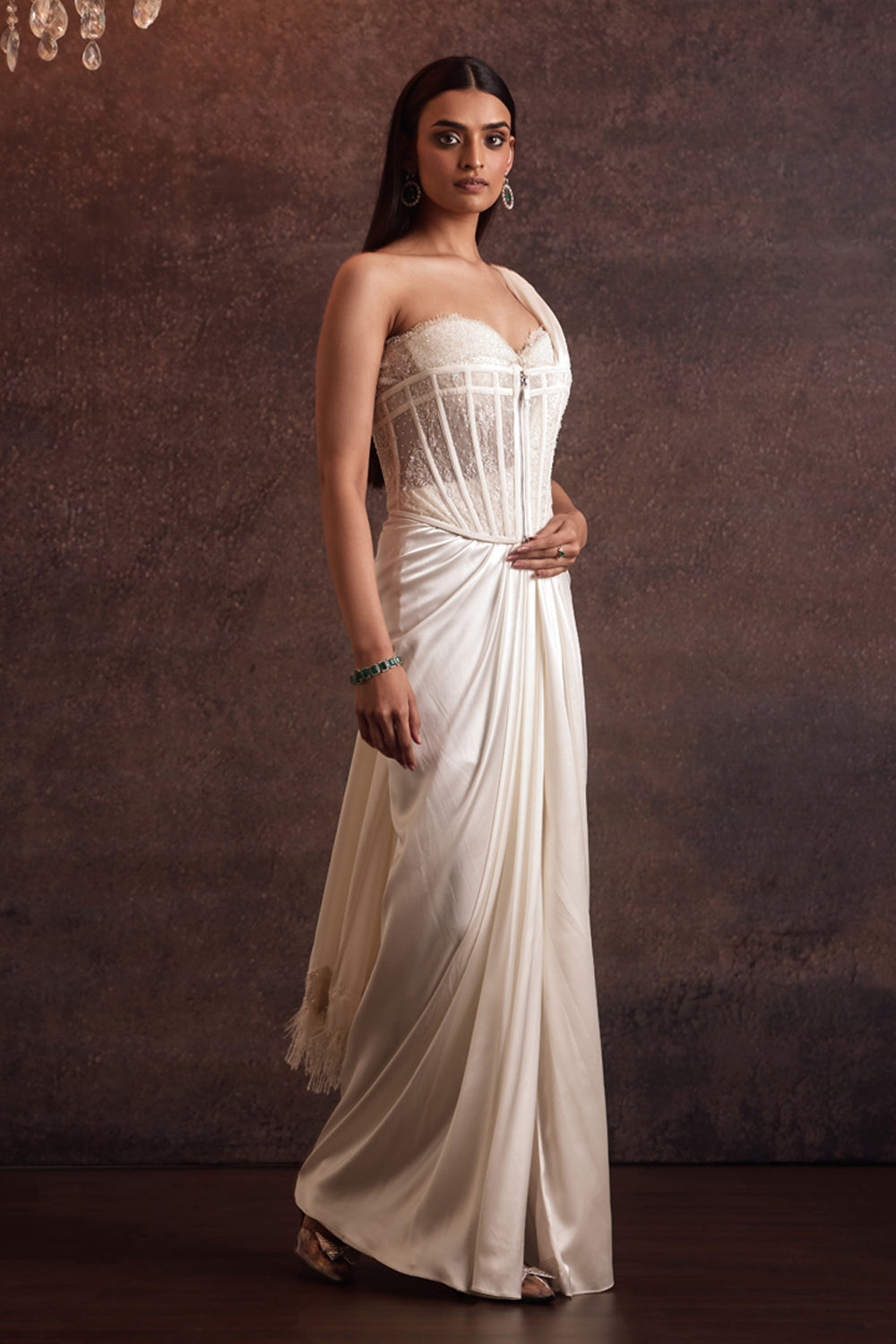 Sohvi Ivory Bustier Blouse With Corset Belt and Drape Slit Saree