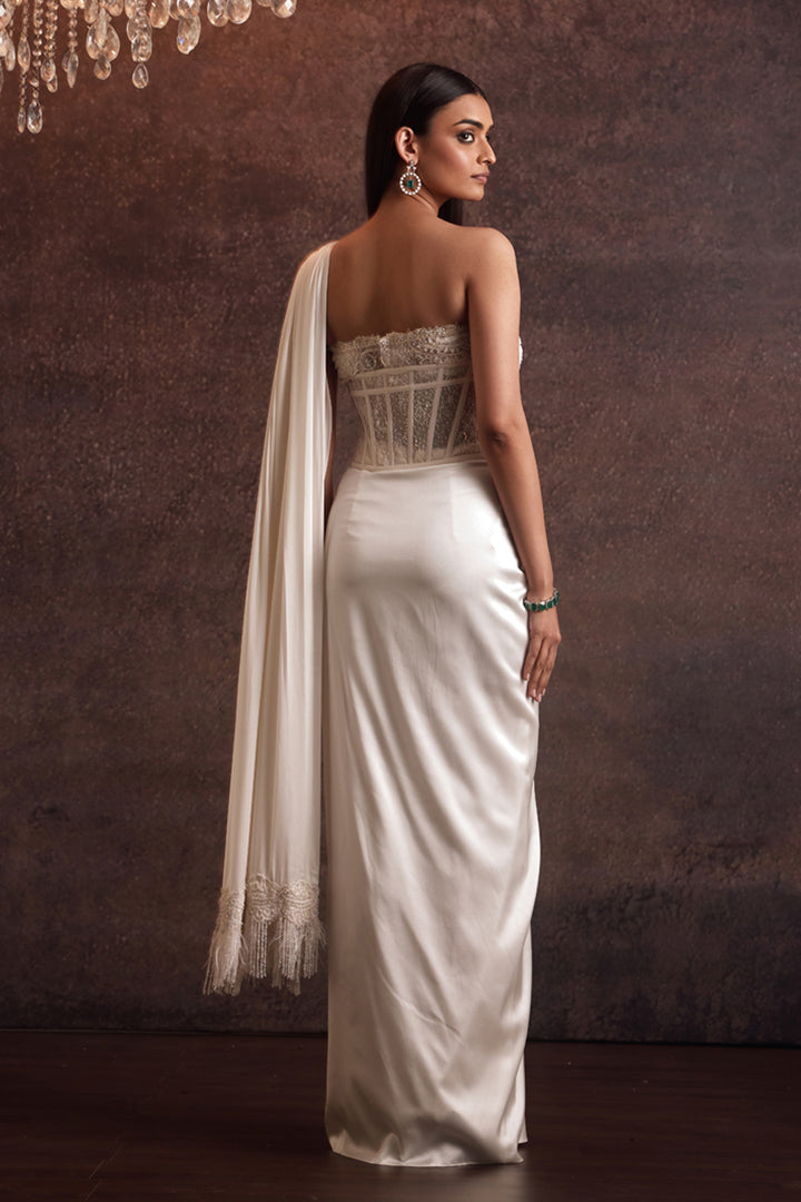 Sohvi Ivory Bustier Blouse With Corset Belt and Drape Slit Saree