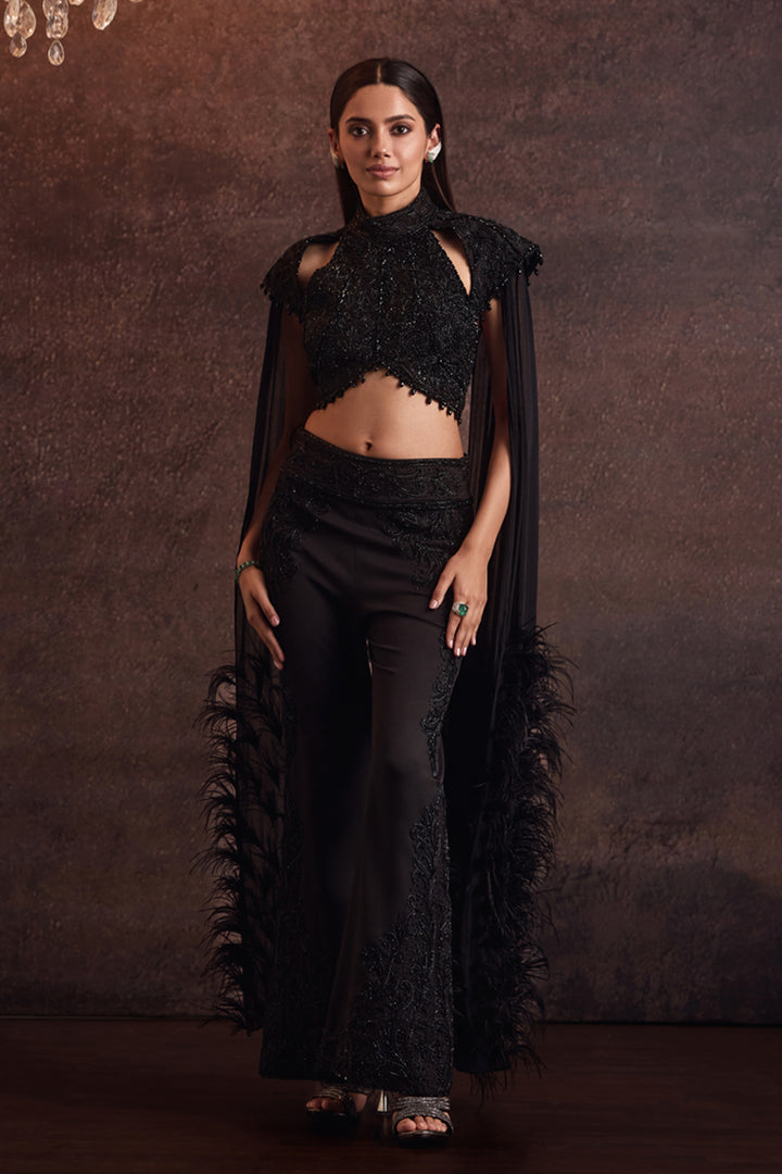 Krasa Black Feather Cape Sleeves Blouse With Pants