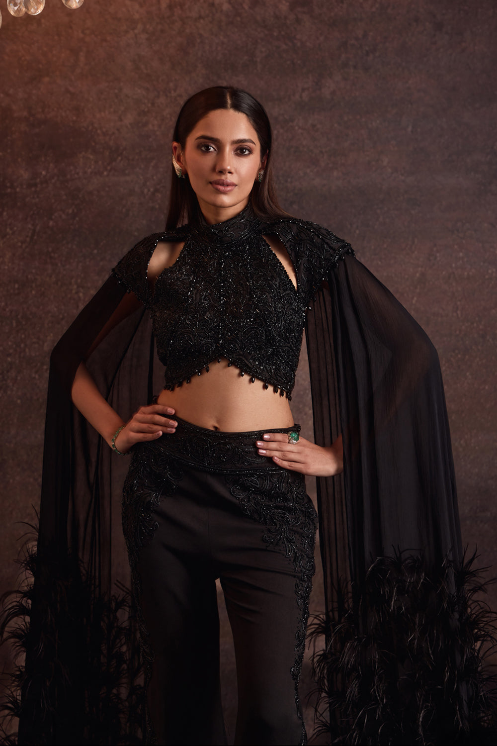 Krasa Black Feather Cape Sleeves Blouse With Pants