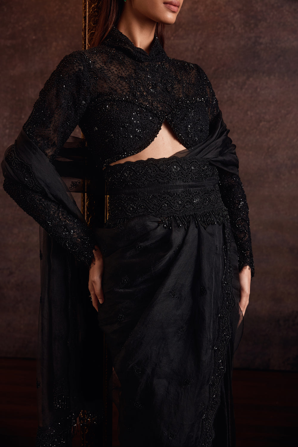 Diti Black Pre Stitch Organza Saree Set