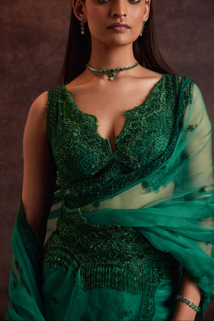 Arham Emerald Green Pre-Draped Saree Set