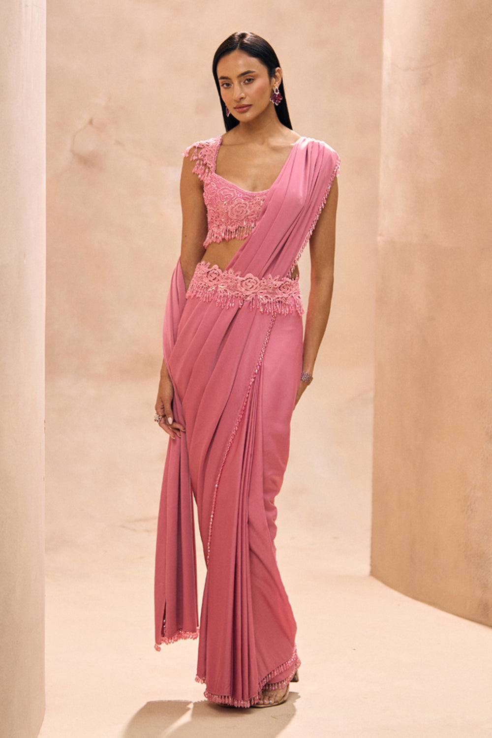 Kayna Pink Pre-Stitched Drops Saree Set