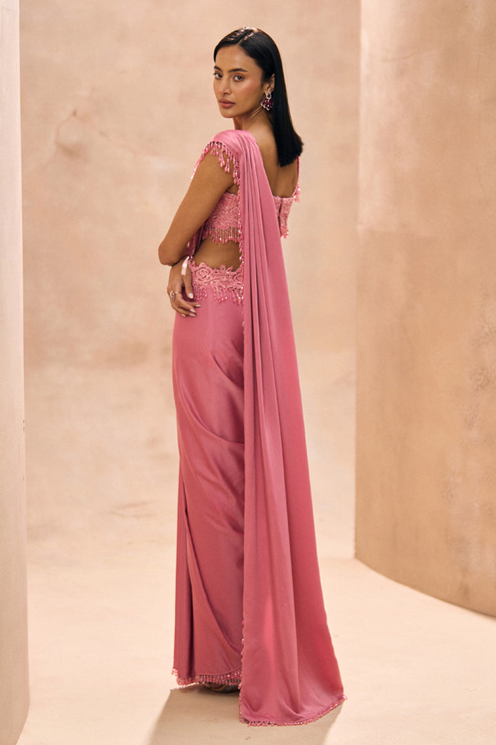 Kayna Pink Pre-Stitched Drops Saree Set