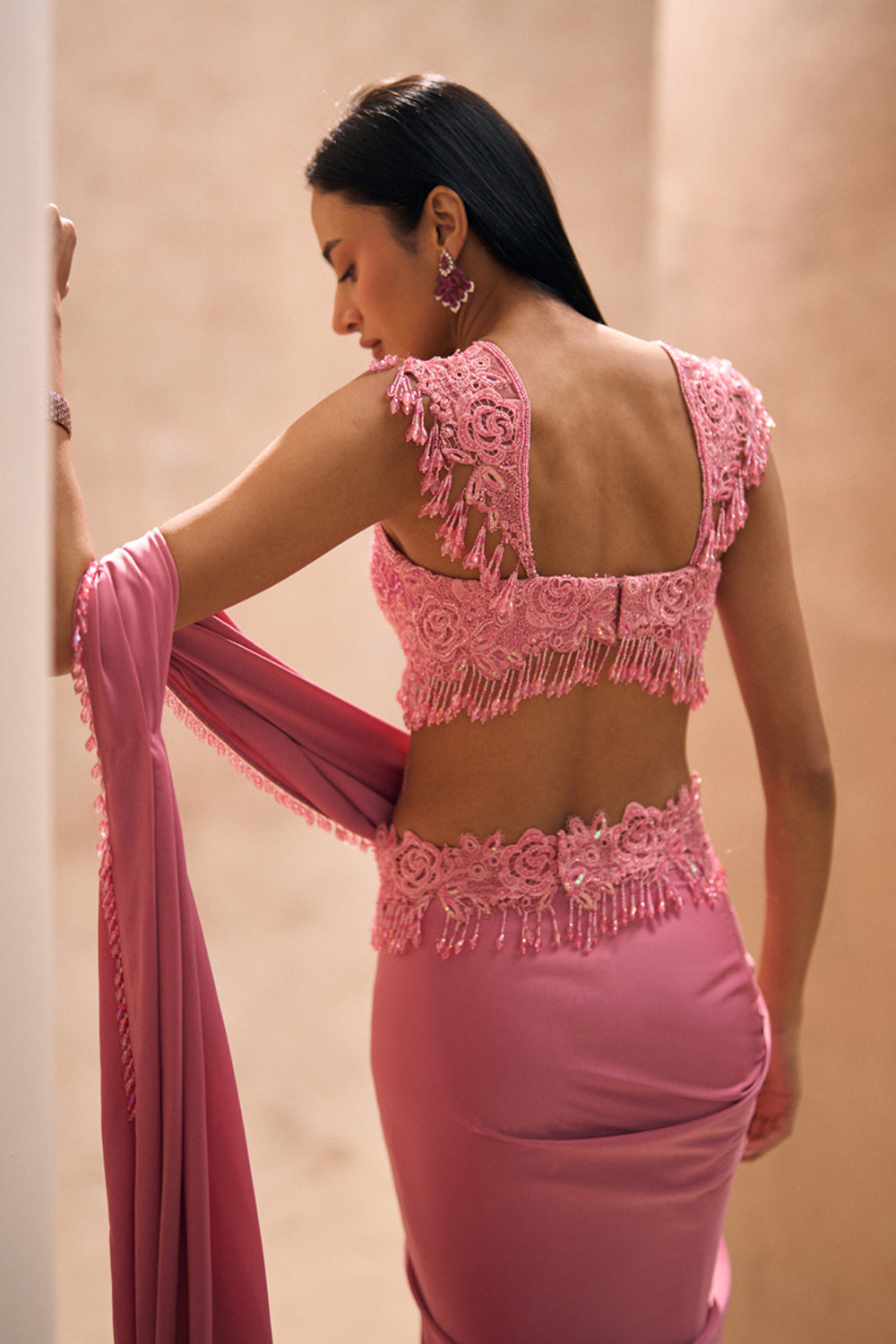 Kayna Pink Pre-Stitched Drops Saree Set