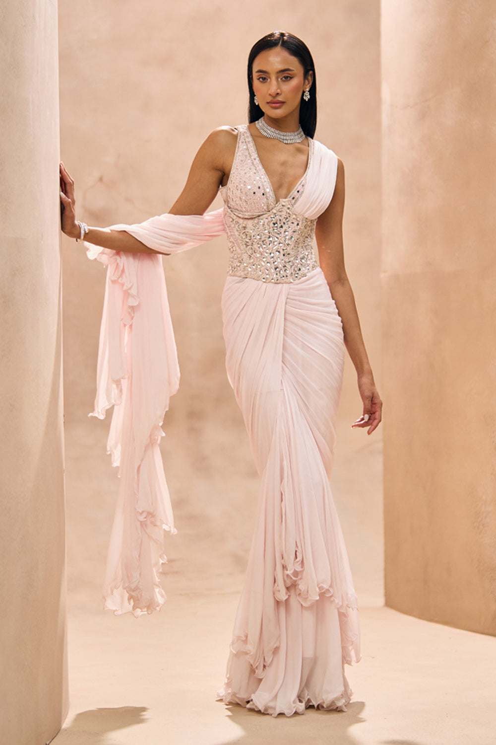 Agnes Baby Pink Ruffle Saree Set
