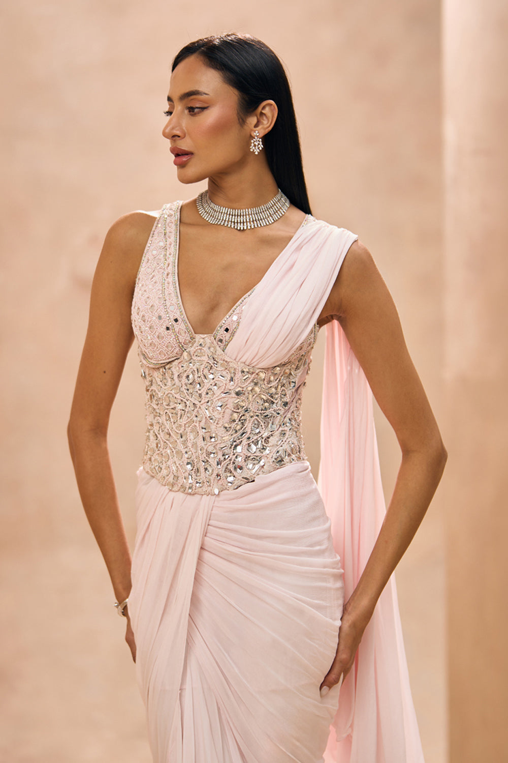 Agnes Baby Pink Ruffle Saree Set