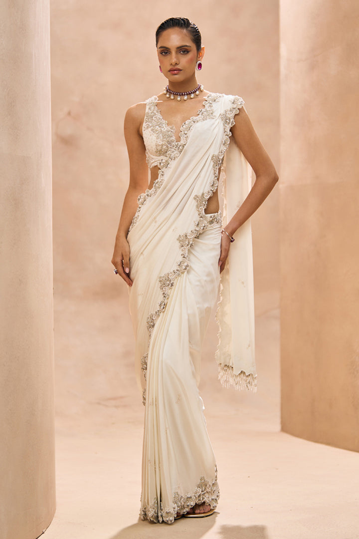 Skyvi Ivory Pre-Stitched Saree Set