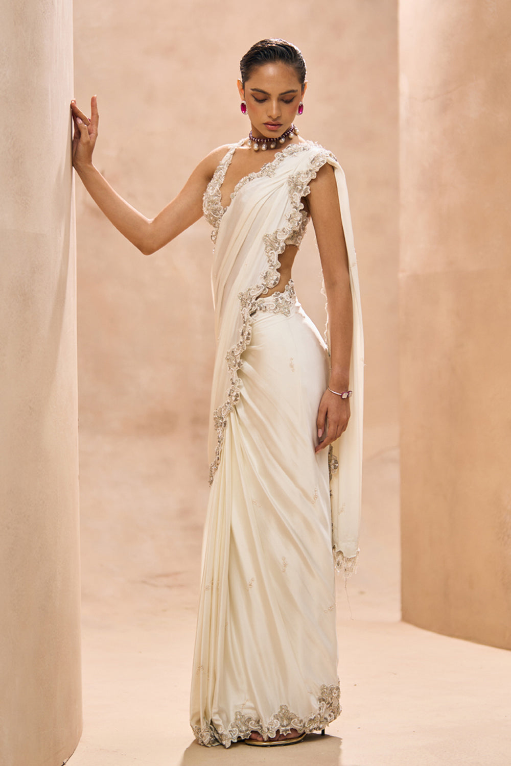 Skyvi Ivory Pre-Stitched Saree Set